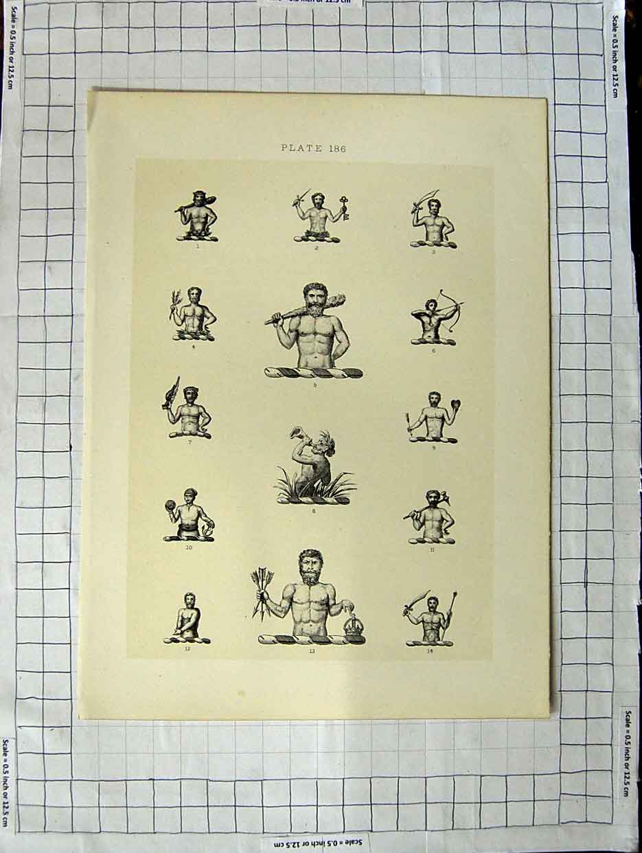 Original Old Antique Print A Plate Heraldry Crests C1790-C1900 Human Men Bodies