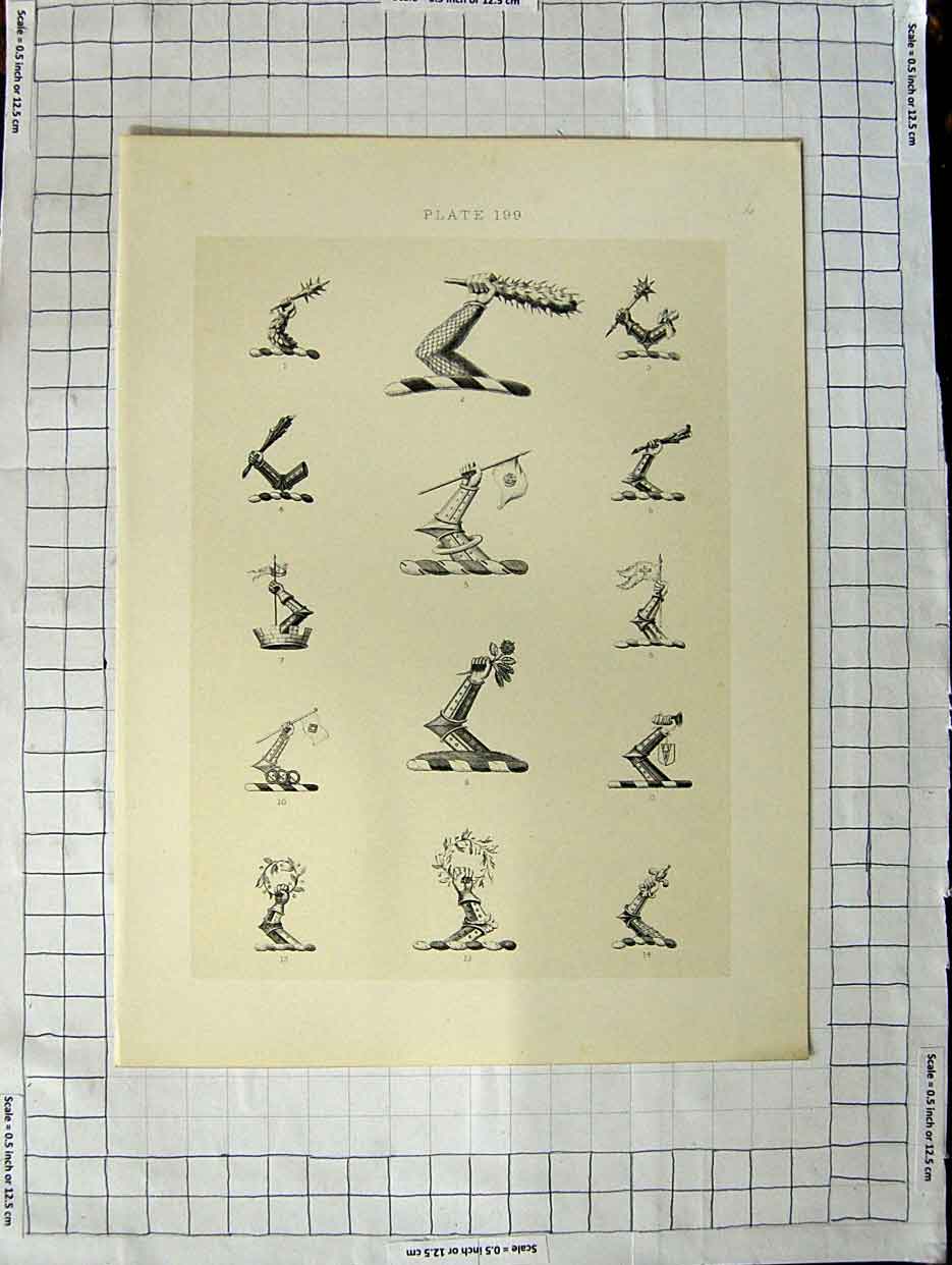 Original Old Antique Print A Plate Heraldry Crests C1790-C1900 Human Arms 18th