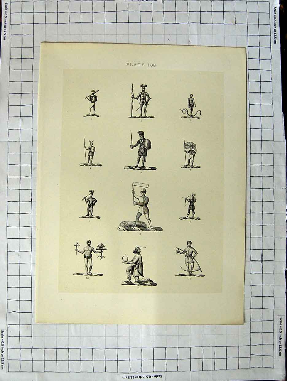 Original Old Antique Print A Plate Heraldry Crests C1790-C1900 Human Men Armour