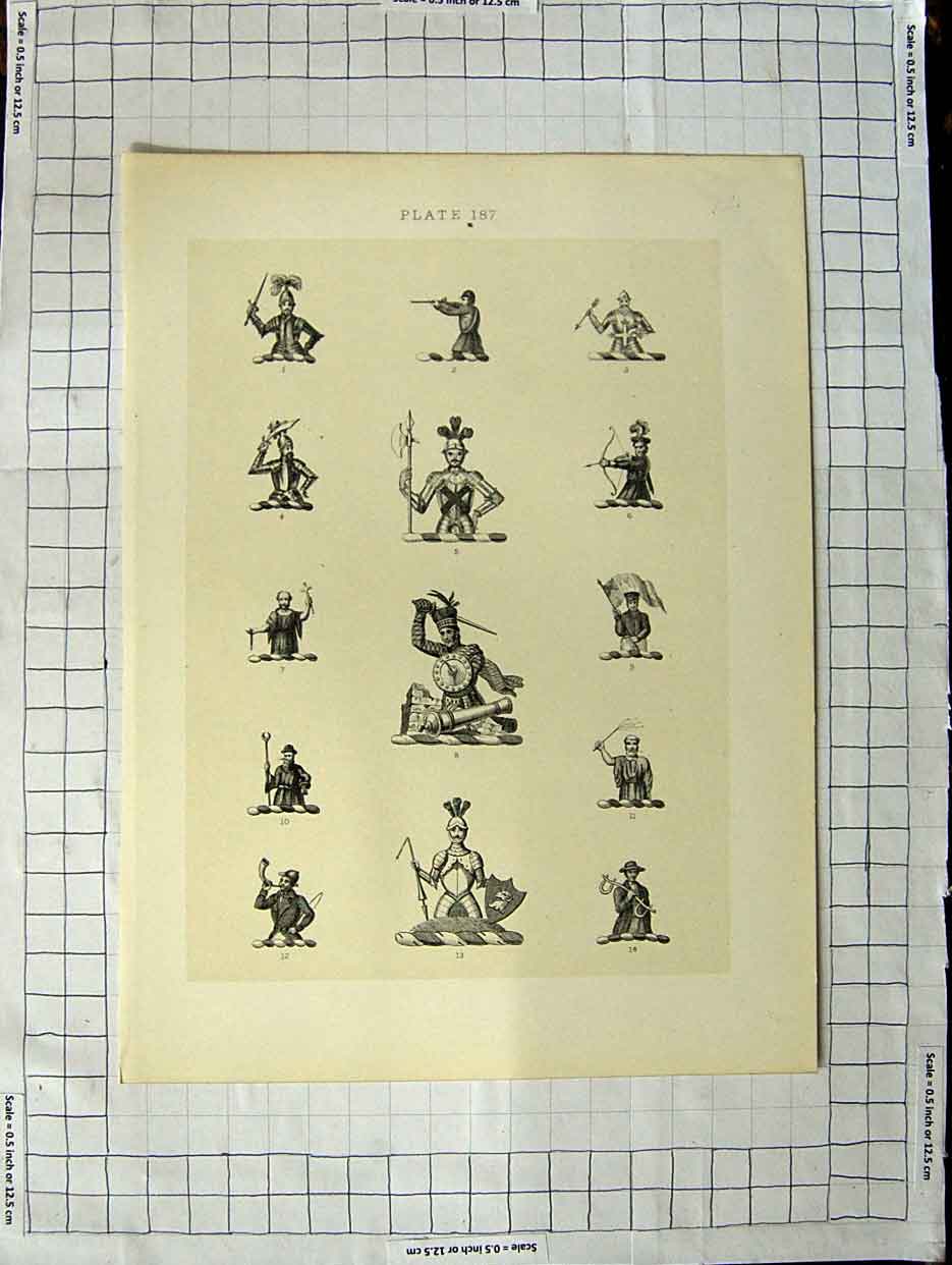 Original Old Antique Print A Plate Heraldry Crests C1790-C1900 Men Armour 18th