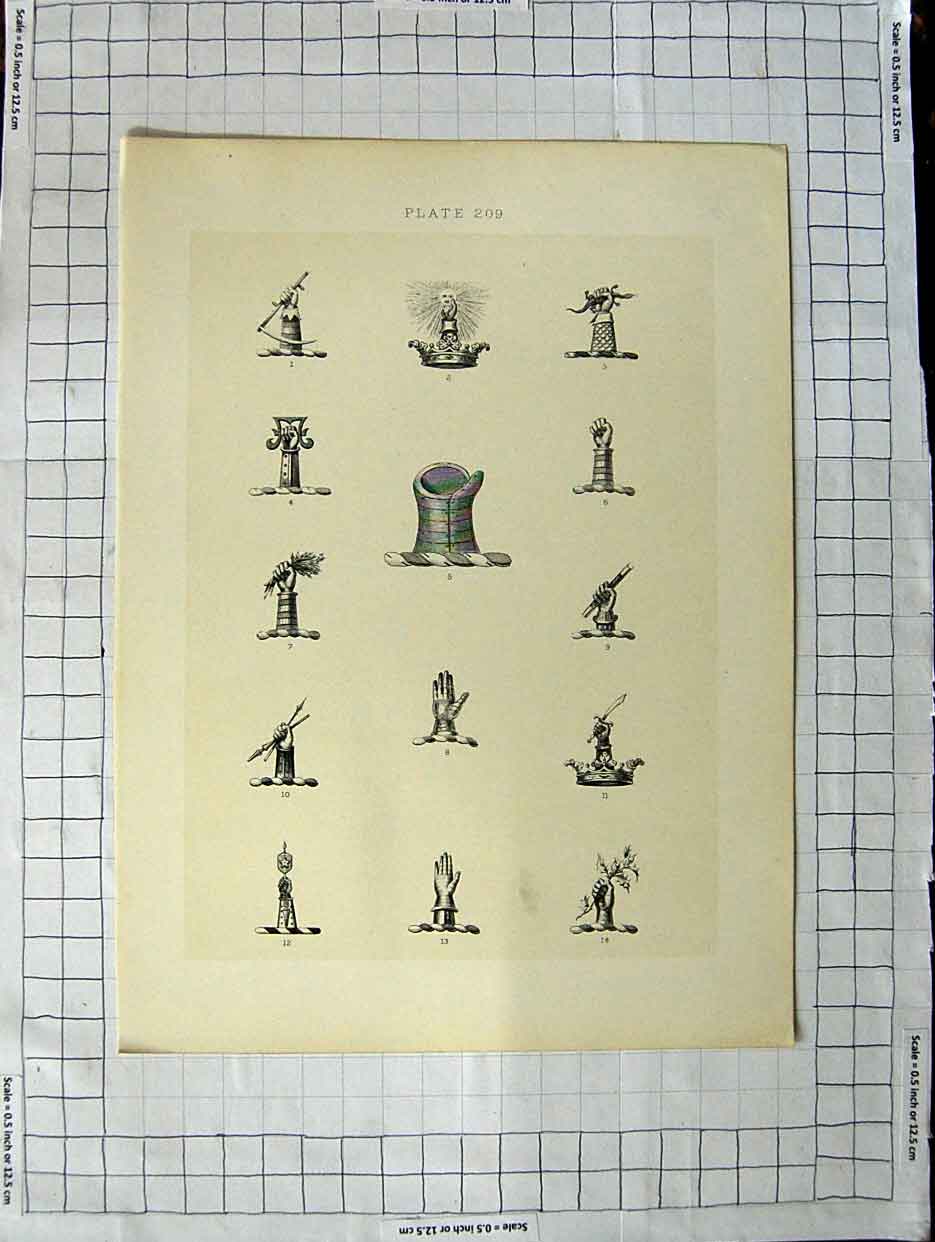 Original Old Antique Print Ref.422 A Heraldry Crests C1790-C1900 Hands Weapons