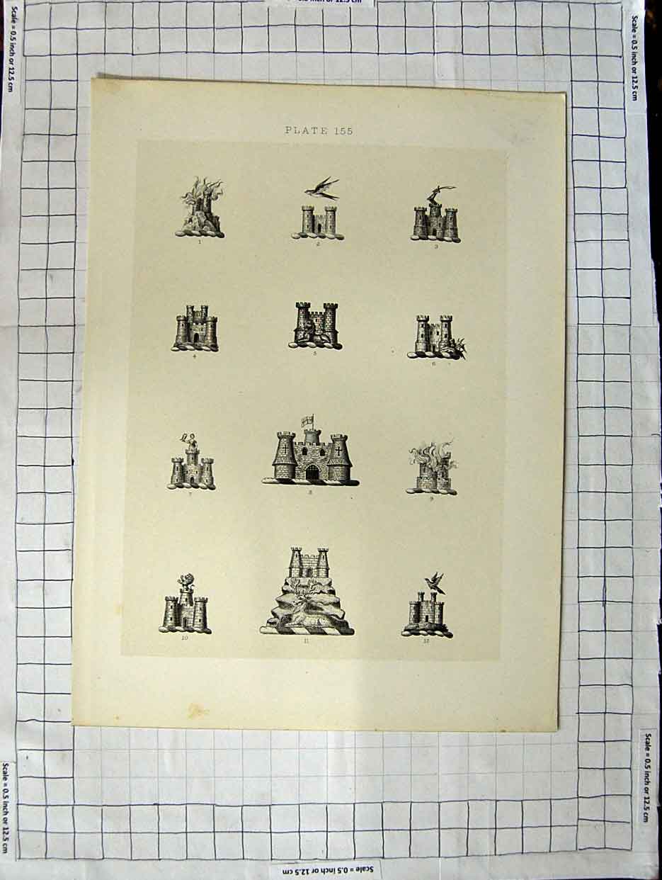 Original Old Antique Print A Plate Heraldry Crests C1790-C1900 Castle Towers