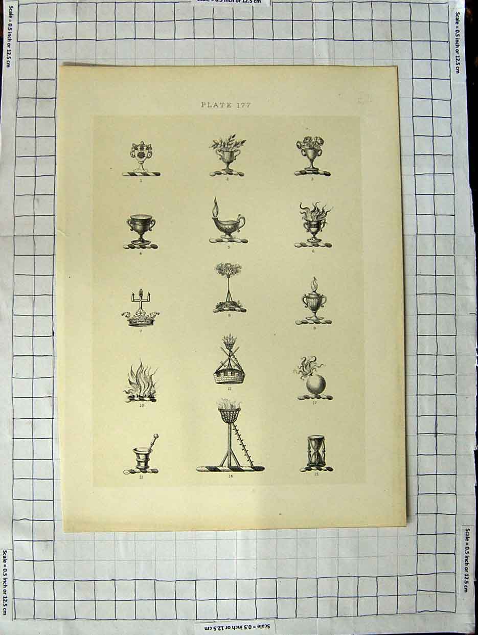Original Old Antique Print A Plate Heraldry Crests C1790-C1900 Crown Cups 18th