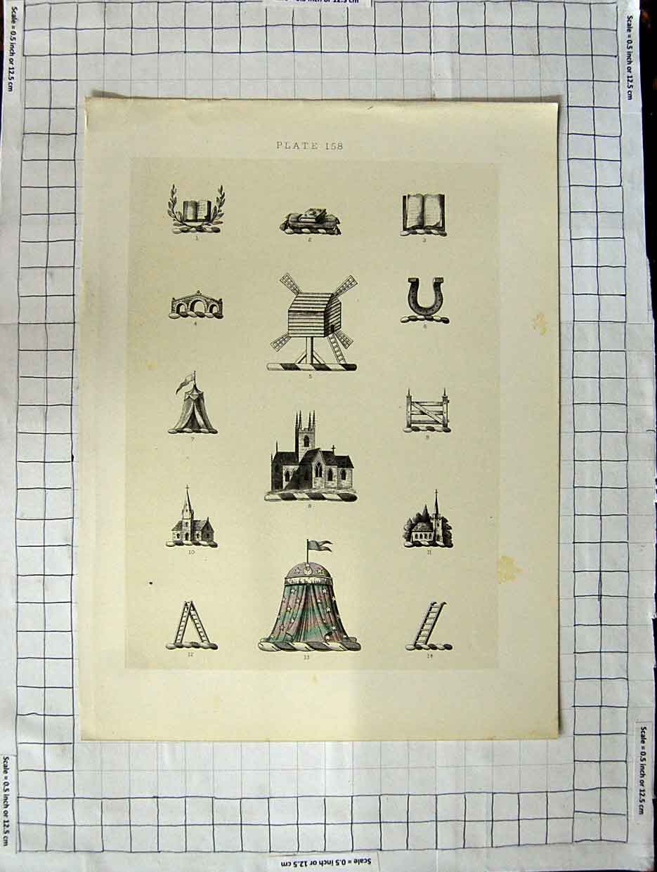 Original Old Antique Print A Plate Heraldry Crests C1790-C1900 Church Bridge