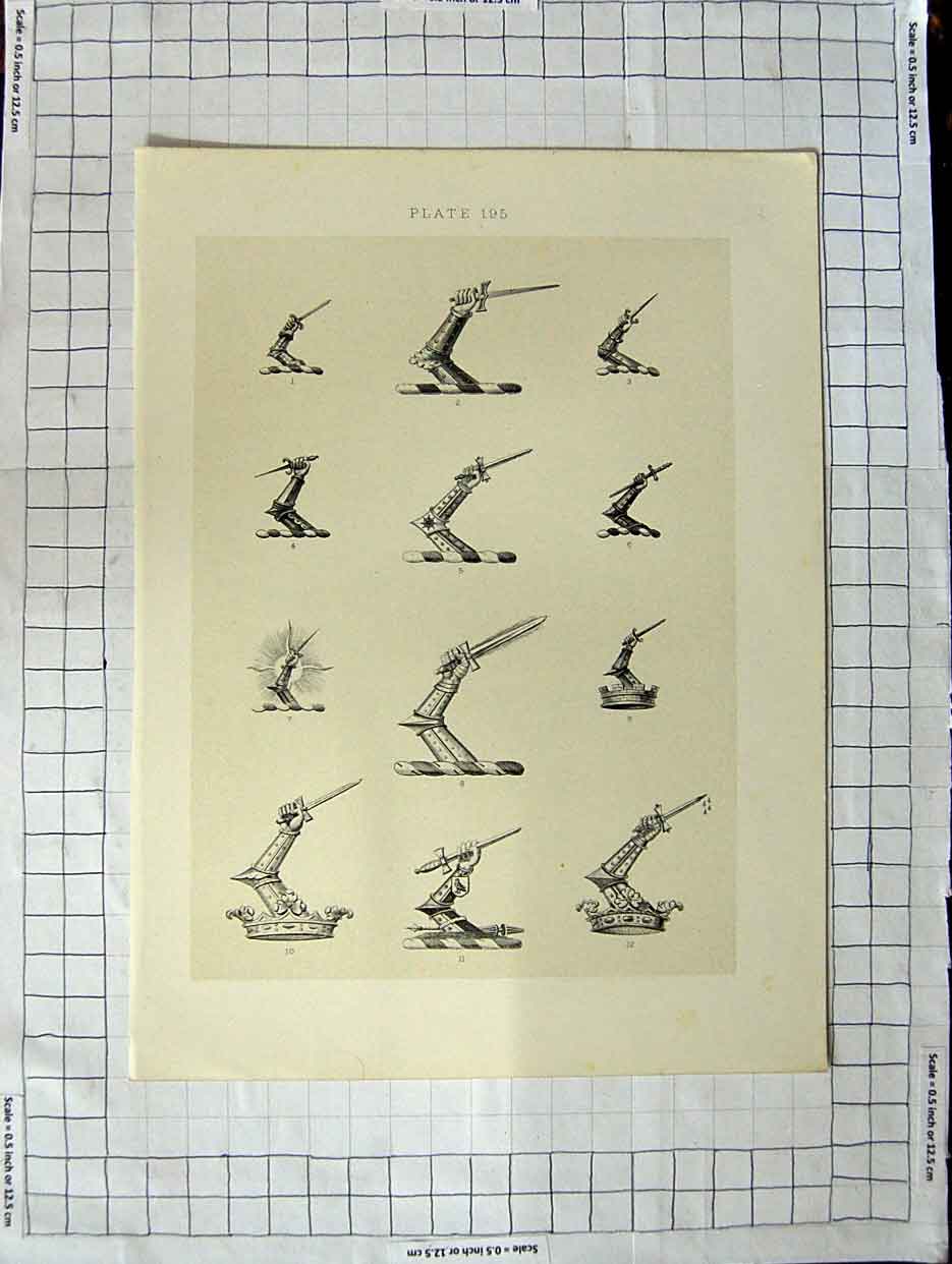 Original Old Antique Print Ref.444 A Heraldry Crests C1790-C1900 Arms Weapons