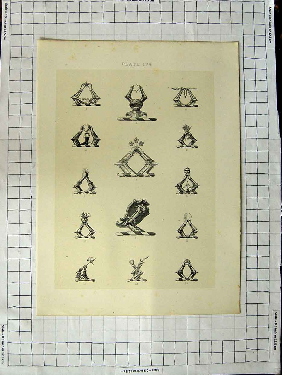 Original Old Antique Print Ref.445 A Heraldry Crests C1790-C1900 Arms Weapons