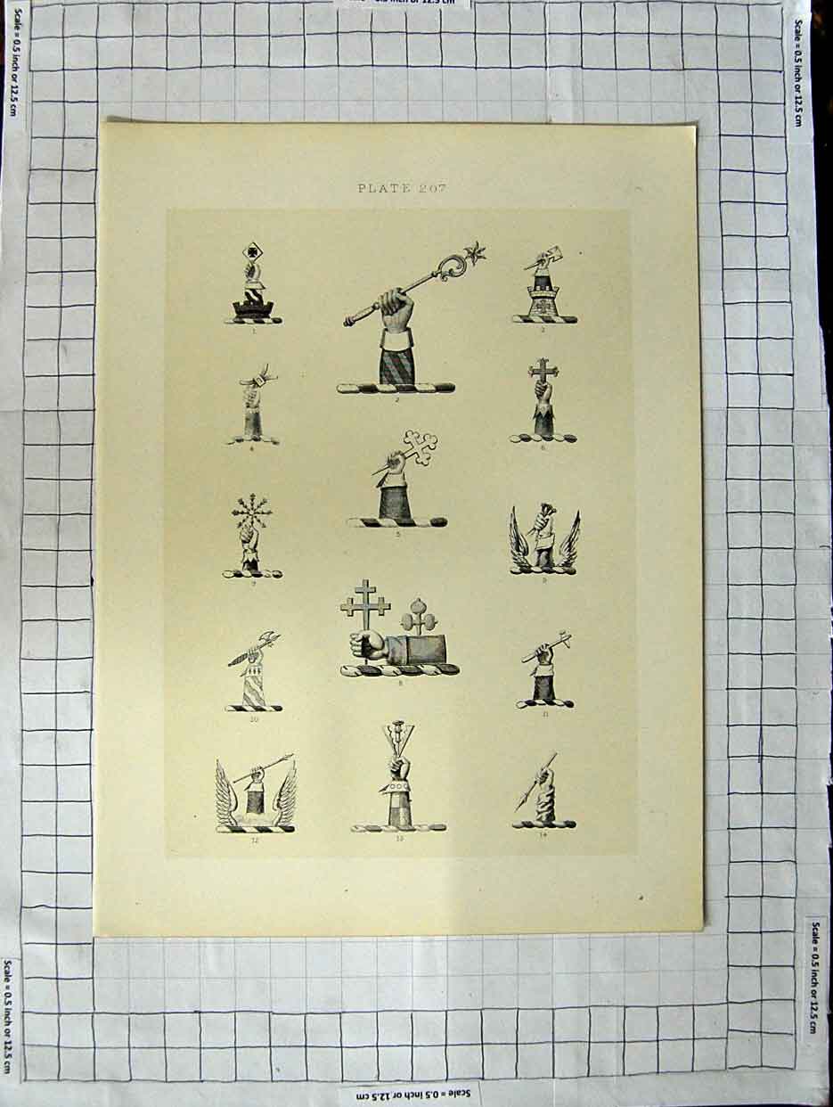 Original Old Antique Print Ref.446 A Heraldry Crests C1790-C1900 Arms Weapons