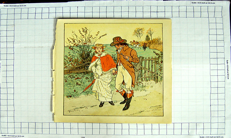 Original Old Antique Print Colour Nursery Rhyme Man Lady Romance Country