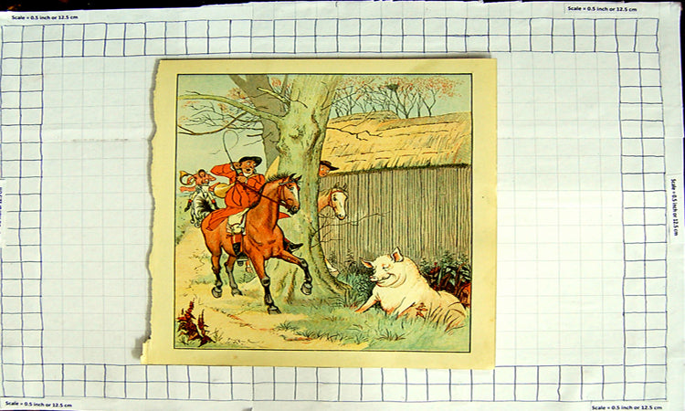 Original Old Antique Print Colour Nursery Rhyme Huntsmen Pig Trees Horses