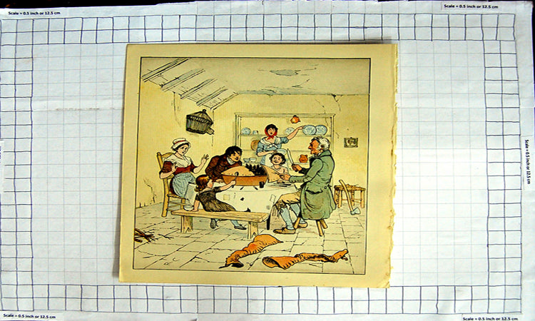 Original Old Antique Print Colour Nursery Rhyme Baking Blackbirds In A Pie