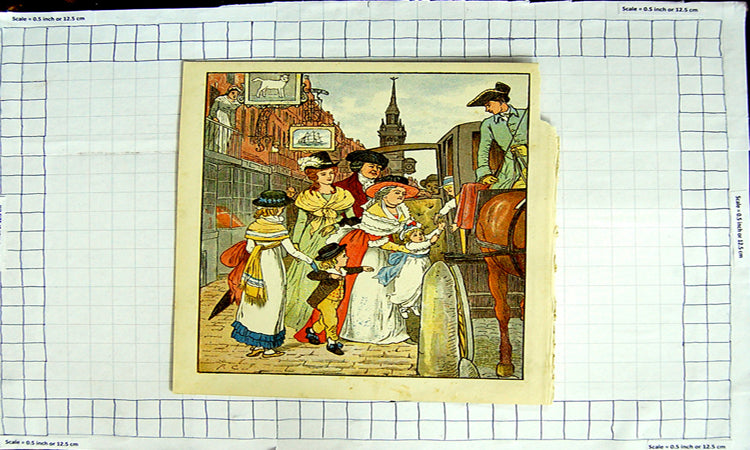 Original Old Antique Print Colour Nursery Rhyme Family Leaving Home Coach