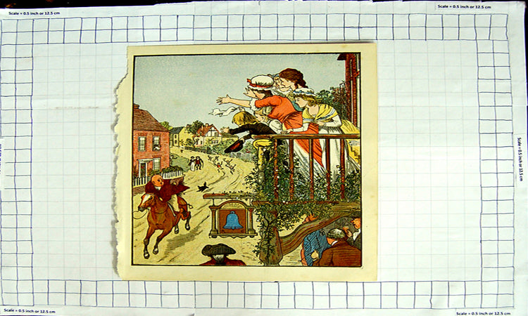 Original Old Antique Print Colour Nursery Rhyme Family Balcony Man Horse