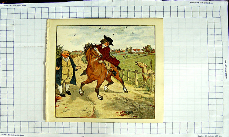 Original Old Antique Print Colour Nursery Rhyme Mad Riding Spooked Horse