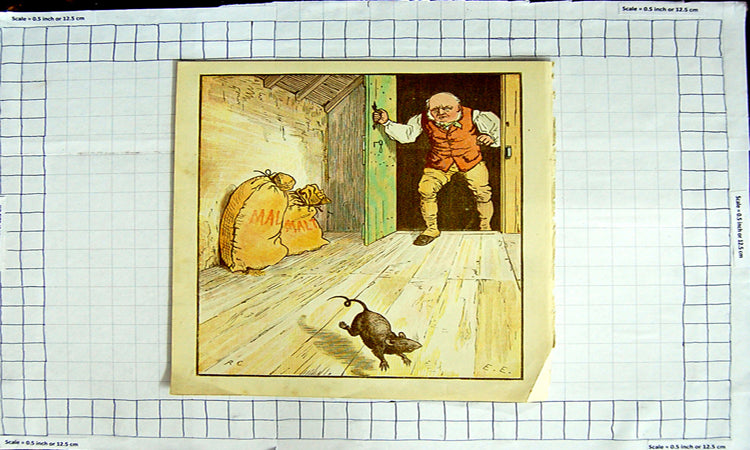 Original Old Antique Print Colour Nursery Rhyme Malt Sacks Farm Rat Farmer