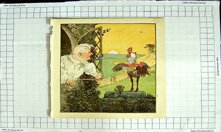 Original Old Antique Print Colour Nursery Rhyme Man Window Cockerel