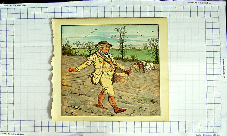 Original Old Antique Print Colour Nursery Rhyme Farmer Sewing Crops Horses