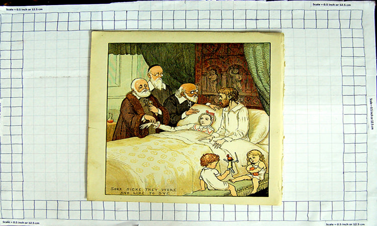 Original Old Antique Print Colour Nursery Rhyme Family Children Dying Man