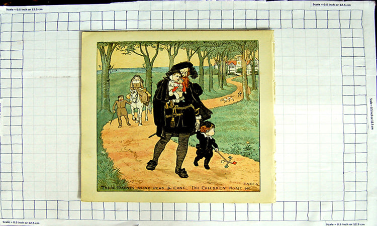 Original Old Antique Print Colour Nursery Rhyme Family Children Horse Dogs