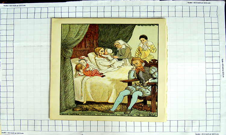 Original Old Antique Print Colour Nursery Rhyme Dying Man Family Bedroom