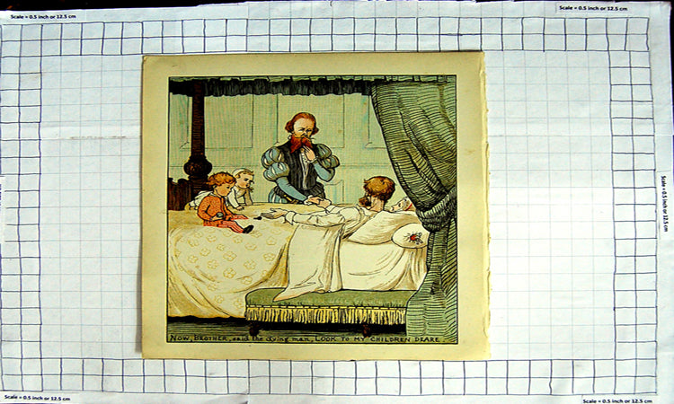 Original Old Antique Print Colour Nursery Rhyme Dying Man Children Bed