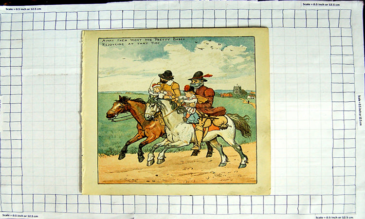 Original Old Antique Print Colour Nursery Rhyme Men Children Riding Horses