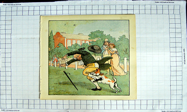 Original Old Antique Print Colour Nursery Rhyme Dog Attacking Mans Leg