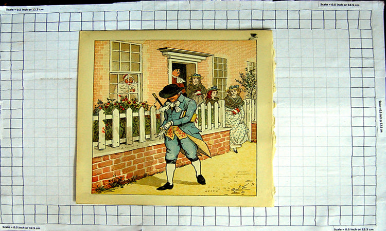 Original Old Antique Print Family Leaving Home Church Colour Nursery Rhyme