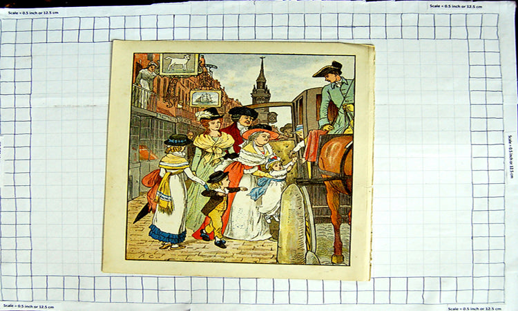 Original Old Antique Print Colour Nursery Rhyme Family Carriage Horses