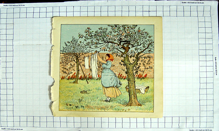 Original Old Antique Print Colour Nursery Rhyme Lady Hanging Out Washing