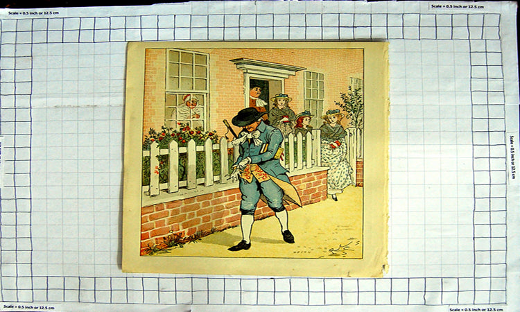 Original Old Antique Print Colour Nursery Rhyme Family Leaving House Church