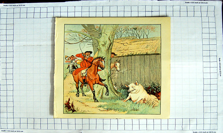 Original Old Antique Print Colour Nursery Rhyme Huntsmen Pig Horns Trees