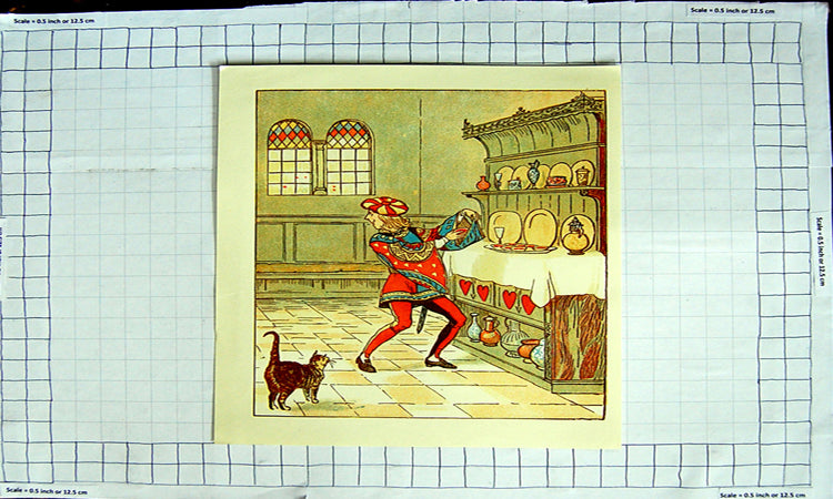 Original Old Antique Print Colour Nursery Rhyme Queen Hearts Jam Tarts
