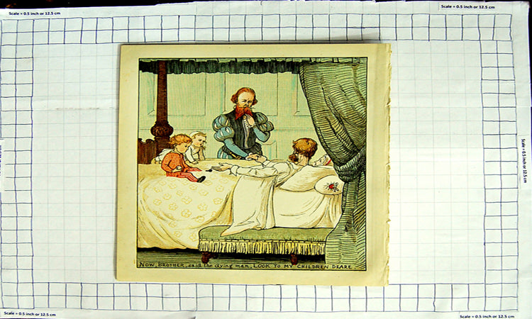 Original Old Antique Print Ref.451 Colour Nursery Rhyme Dying Man Children Bed