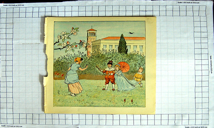 Original Old Antique Print Colour Nursery Rhyme King Queen Romance Garden