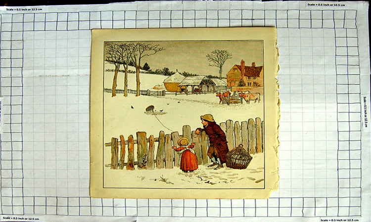 Original Old Antique Print Colour Nursery Rhyme Blackbirds Cage Snow Cows