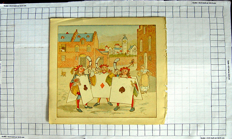 Original Old Antique Print Colour Men Music Horns Playing Cards Street