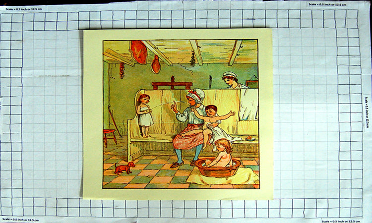 Original Old Antique Print Colour Family Home Children Bathing Tub Dog