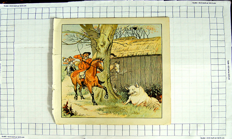 Original Old Antique Print Colour Huntsmen Music Horns Pig Countryside