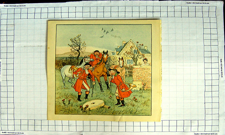 Original Old Antique Print Colour Huntsmen Horses Music Horns Hunting Dogs