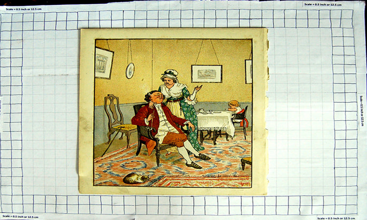 Original Old Antique Print Colour Little Girl Dinner Table Man Servant Cat