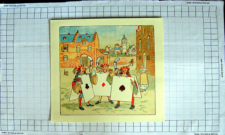 Original Old Antique Print Colour Nursery Rhyme Men Horns Cards Street