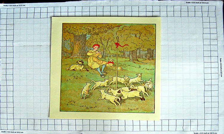 Original Old Antique Print Colour Scene Farmer Music Pipes Sheep Trees
