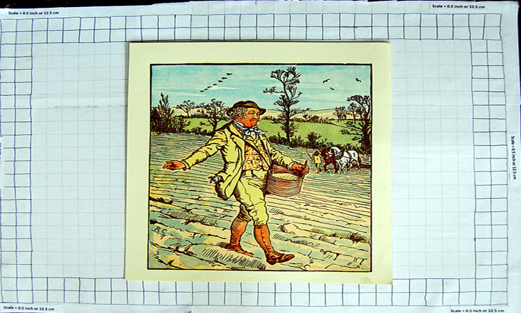 Original Old Antique Print Colour Farmer Man Farm Sewing Seeds Crops Horse