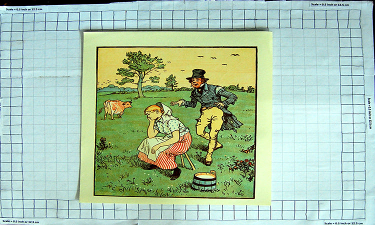 Original Old Antique Print Colour Comedy Man Creeping Up Milkmaid Cows