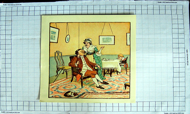 Original Old Antique Print Colour Man Lady Romanec Little Girl Dinner Table
