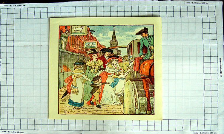 Original Old Antique Print Colour Family Children Horses Carriage Street