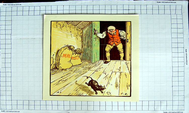 Original Old Antique Print Colour Man Malt Bags Chasing Rat Barn Scene