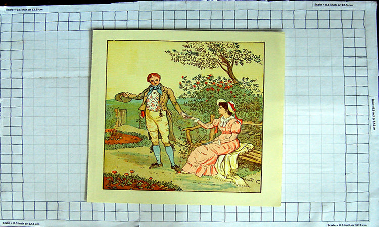 Original Old Antique Print Colour Man Lady Romance Garden Bench Trees