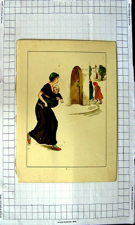 Original Old Antique Print Colour Nursery Rhyme Pied Piper Hamelin