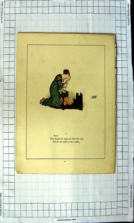 Original Old Antique Print Colour Nursery Rhyme The Pied Piper Hamelin 19th